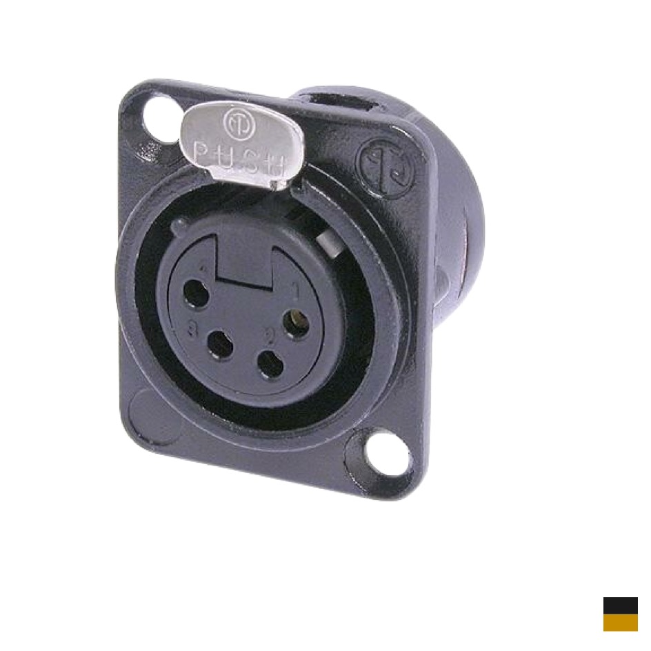 Neutrik XLR4 Chassis Female NC4FD-L-B-1, Soldering contact, chromeblack, gold plated