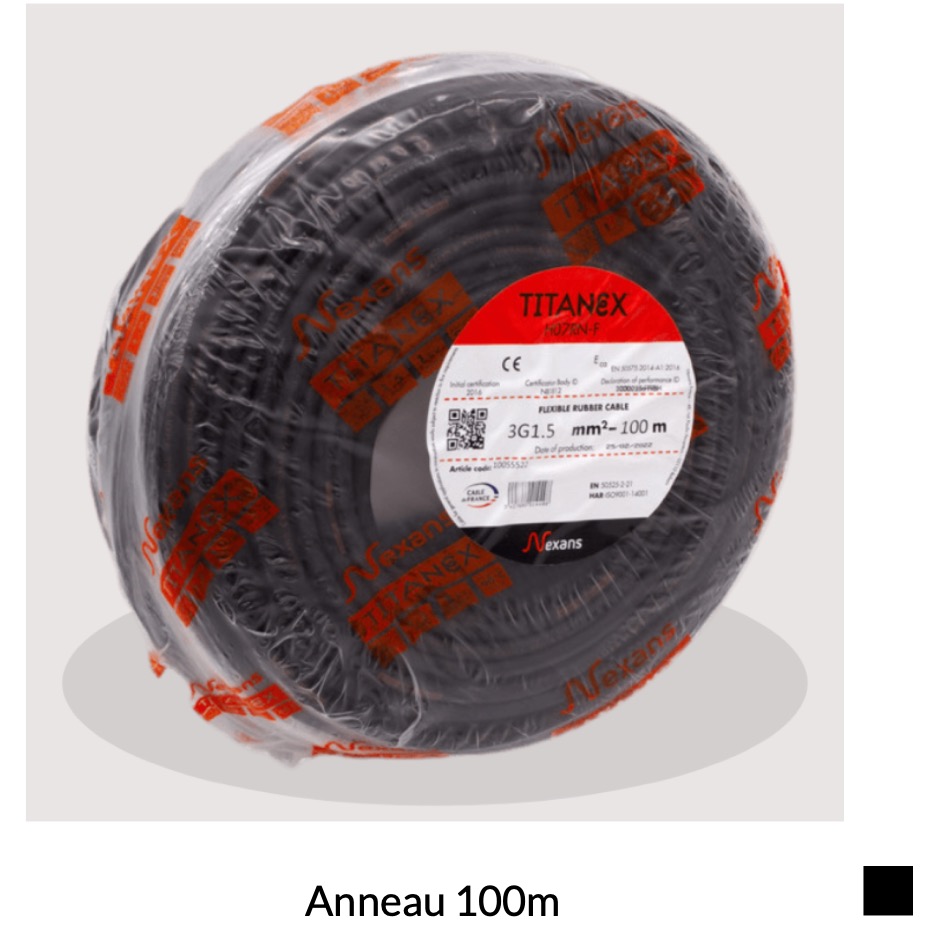 Nexans TITANEX, H07RN-F 4G1.5 Anneau 100m, noir
Prix indicatif. Veuillez demander une offre.