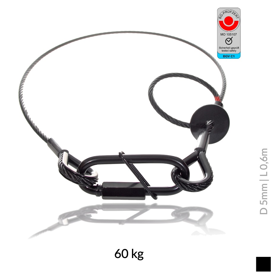 Saveking® Élingue de sécurité avec maillon rapide, 5mm | 60kg, noir | 0.6m